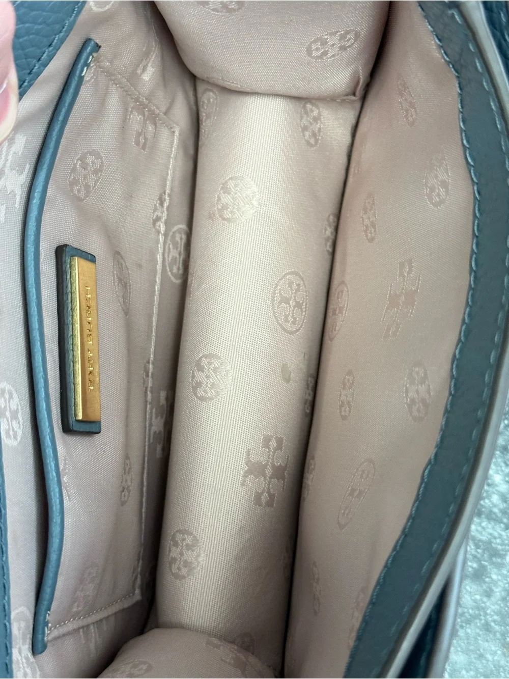 NWOT Tory Burch Britten Logo Saddle Bag Slate Blue/Brunnera Pebble Leather $458